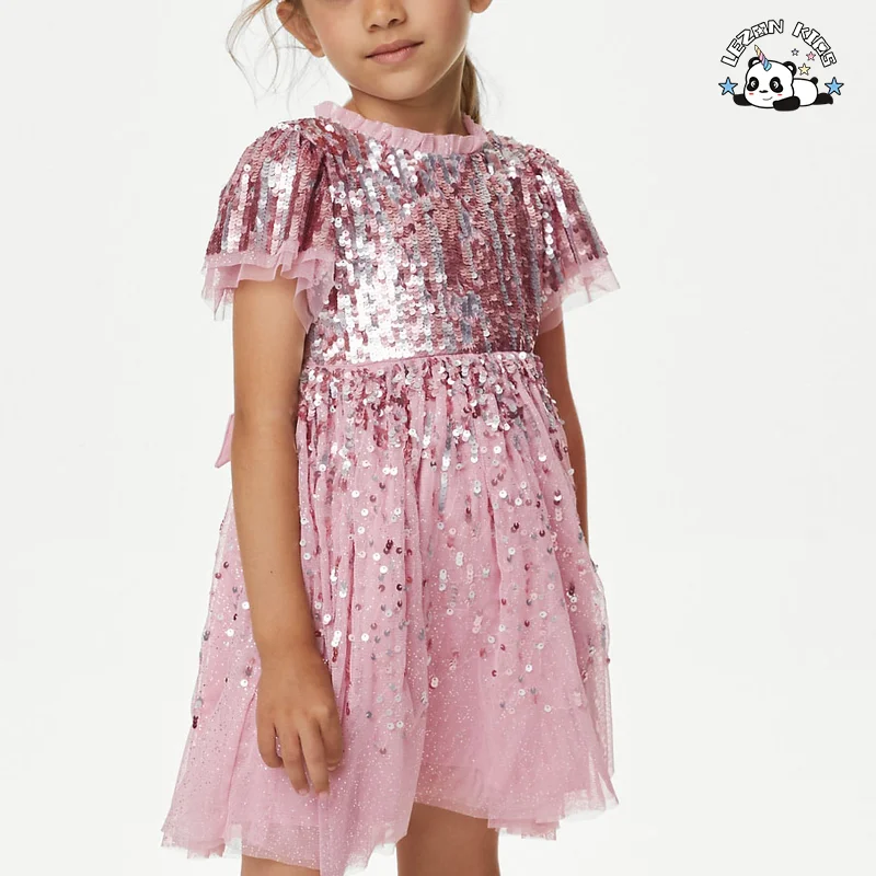 LEZONKIDS - Customizable Style Customization Gradient Color Sequin O Neck Elegant Small Girls Sequin Dresses